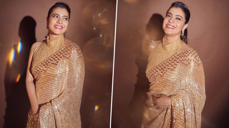 Kajol Radiates Elegance in a Golden Saree Paired With Halter Neck Blouse, Sparkles With Timeless Glamour (View Pics)