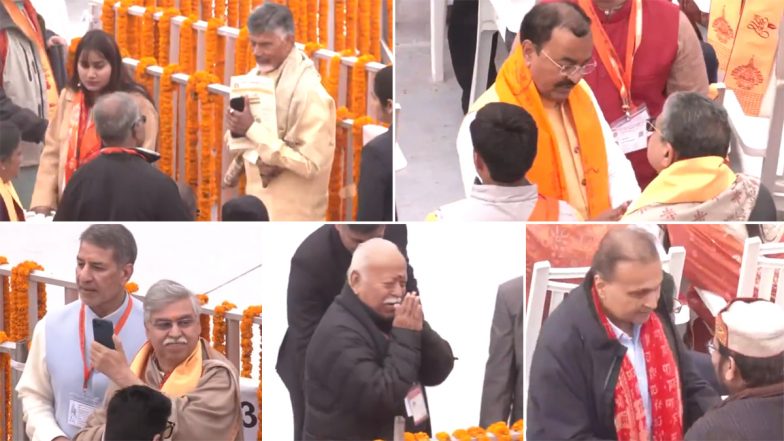 Ram Temple Consecration: RSS Chief Mohan Bhagwat, N Chandrababu Naidu and Anil Ambani Arrive at Ayodhya's Ram Mandir for Pran Pratishtha Ceremony (Watch Videos)