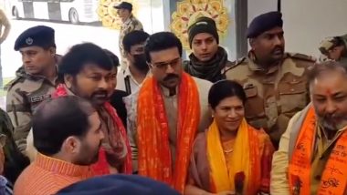 Ram Mandir Pran Pratishtha Ceremony: Chiranjeevi and Ram Charan Arrive at Ayodhya Airport for Ram Temple Inauguration (Watch Video)