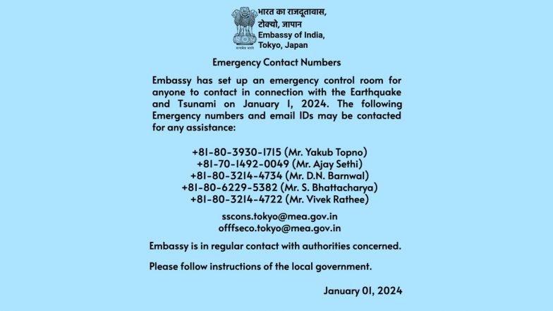 Earthquake in Japan: Indian Embassy Issues Emergency Contact Numbers Amid Earthquakes and Tsunami Warnings in Ishikawa Prefecture