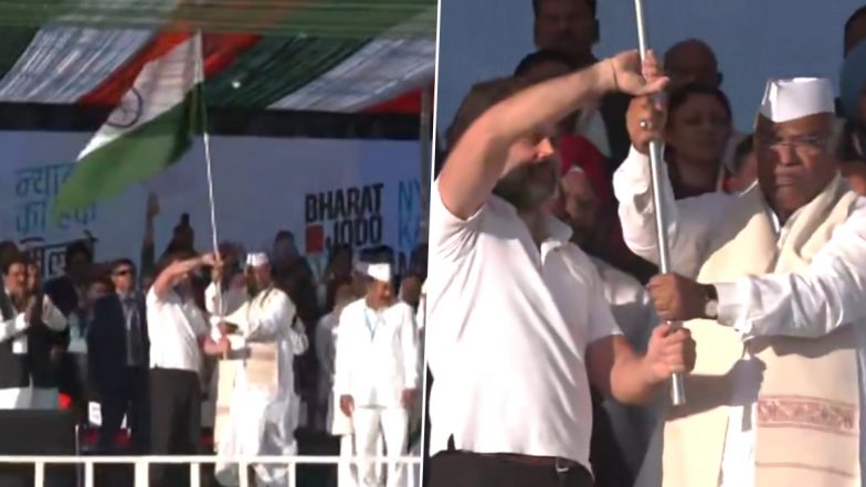 Congress Chief Mallikarjun Kharge, MP Rahul Gandhi Flag Off 'Bharat Jodo Nyaya Yatra' From Manipur's Thoubal (Watch Video)