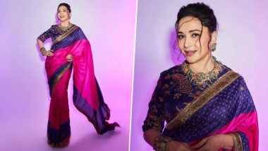 Madhuri Dixit Exudes Elegance in Handwoven Purple and Rani Pink Silk Saree (View Pics)