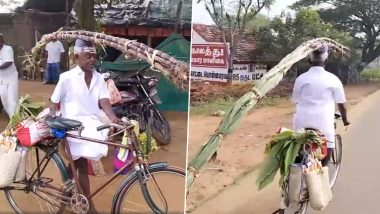 Pongal 2024: Elderly Man Carries Bunch of Sugarcane on His Head, Rides Bicycle for 14 Kilometres to Give Gift to His Daughter in Pudukkottai, Video Surfaces