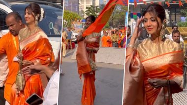 Shilpa Shetty Waves Saffron Flag With Lord Ram’s Photo at Siddhivinayak Temple for Pran Pratishtha Celebration (Watch Video)
