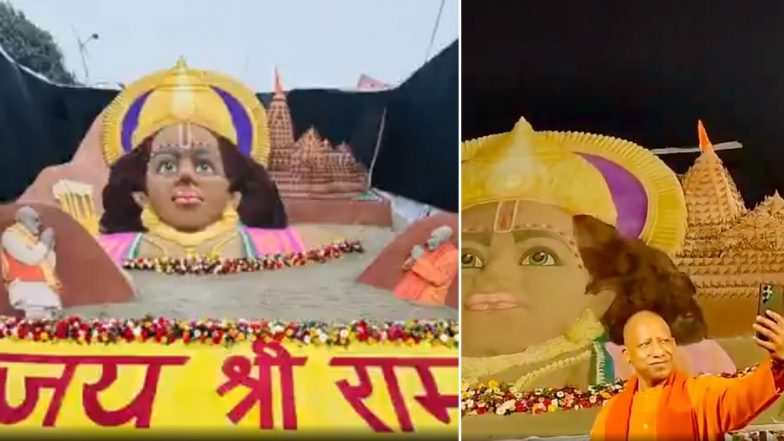 Yogi Adityanath Selfie With Ram Mandir Sand Art in Ayodhya Video: UP CM Takes Photo With Sudarsan Pattnaik's Stunning Sand Sculpture