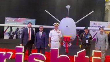 Indian Navy Chief Admiral R Hari Kumar Commends Adani Defence 'Atmanirbharta' Efforts, Unveils Indigenous Drishti 10 Starliner UAV in Hyderabad (Watch Video)