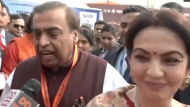 Ram Mandir Pran Pratishtha: Mukesh Ambani Arrives At Venue With Wife Neeta Ambani, Says 'January 22 will be Ram Diwali for Country' (Watch Video)