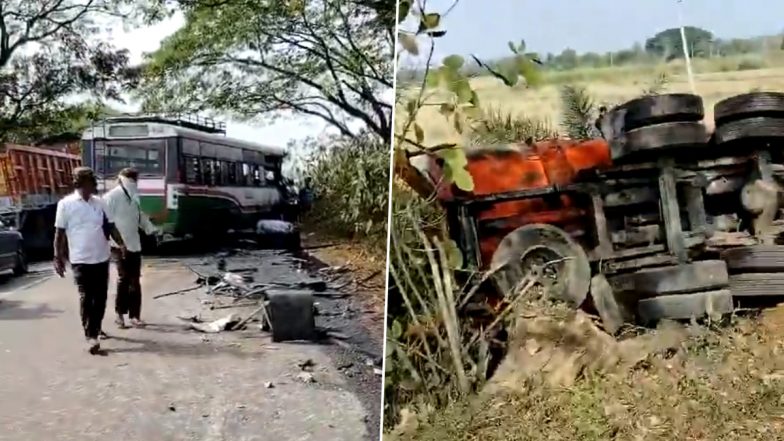 Telangana Road Accident Video: 12 Injured As TSRTC Bus Collides With Oil Tanker in Hanumakonda