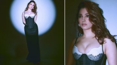 Tamannaah Bhatia Oozes Oomph in Black and White Corset Top With Deep Plunging Neckline and Long Black Skirt (See Pics)