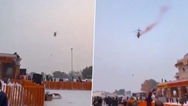 Ram Temple Inauguration: Helicopter Showers Flower Petals on Shri Ram Janmabhoomi Temple Premises in Ayodhya (Watch Video)