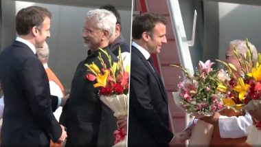 French President Emmanuel Macron Arrives in Jaipur, To Attend Republic Day Parade 2024 as Chief Guest (Watch Video)