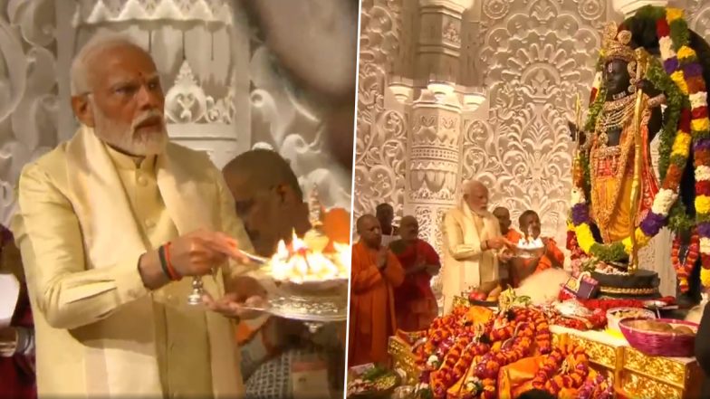 Ram Mandir Pran Pratishtha: PM Narendra Modi Performs ‘Aarti’ of Ram Lalla at Shri Ram Janmaboomi Temple in Ayodhya (Watch Video)