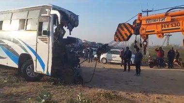 Rajasthan Road Accident Video: Two Killed, 20 Students Injured As School Bus Rams Into Truck in Pali District