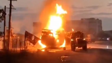 Telangana Fire: Oil Tanker Bursts Into Flames in Jagtial District, No Casualties Reported (Watch Video)