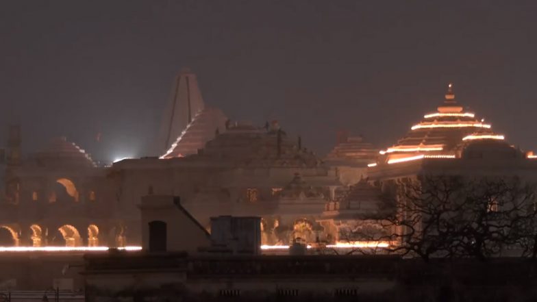 Ayodhya's Ram Mandir Decked Up With Lights Ahead of Pran Pratishtha Ceremony (Watch Video)