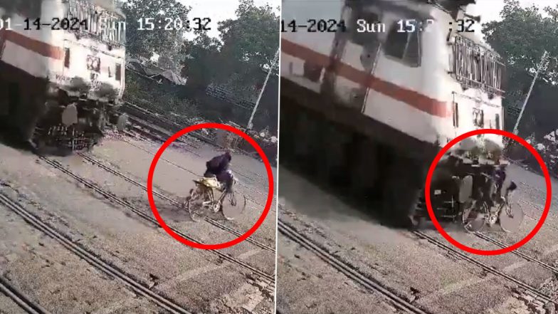 Uttar Pradesh: Elderly Man Attempts To Cross Closed Railway Crossing, Hit by Speeding Train in Kanpur; Disturbing Video Surfaces