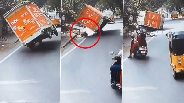 Hyderabad Road Accident: Speeding Goods Truck Hits Woman in Kukatpally, Disturbing Video Surfaces