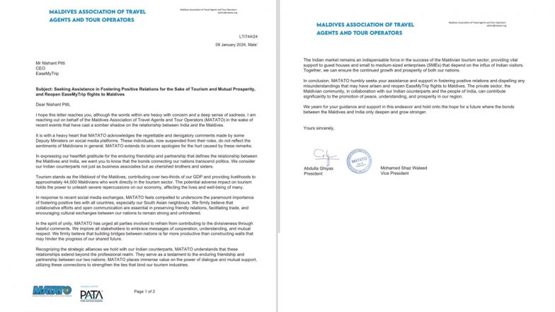 Maldives Association of Travel Agents and Tour Operators Writes to EaseMyTrip CEO Nishant Pitti to Re-open Flight Bookings to Maldives