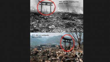 Comparative Image of Torii Gate Standing Tall Amid Widespread Devastation Brought on by Atomic Bomb and Tsunami in Japan Goes Viral (See Pic)