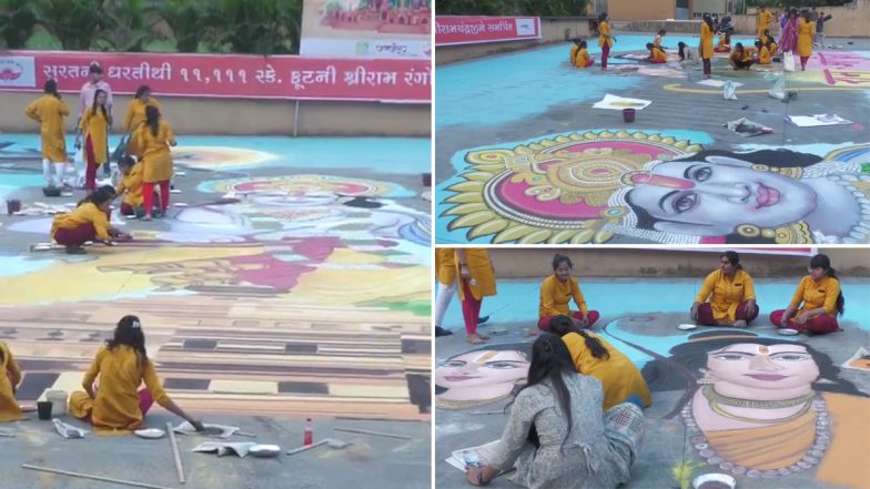 Ram Temple Consecration: Gujarat Gears Up with 11,111 Sq Ft Rangoli of Lord Ram in Surat's Katargam Ahead of Pran Pratishtha Ceremony in Ayodhya (Watch Video)