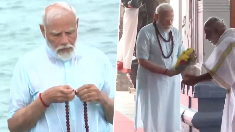 PM Narendra Modi Participates in Rituals, Bathes in Sea and Holy Wells at Sri Arulmigu Ramanathaswamy Temple (Watch Videos)