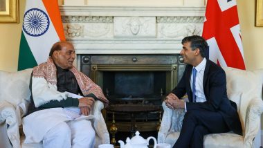 Indian Defence Minister Rajnath Singh Meets UK PM Rishi Sunak in London, Discusses Defence and Economic Cooperation (See Pics)