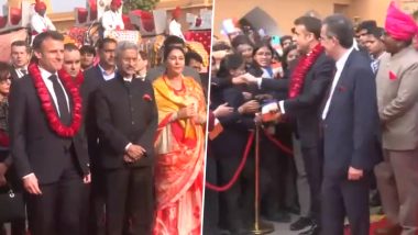 French President Emmanuel Macron Arrives at Amber Fort in Rajasthan’s Jaipur (Watch Videos)