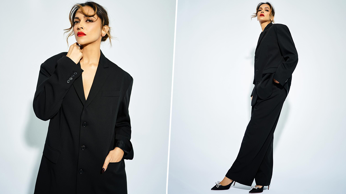 Deepika Padukone In Black Pantsuit And Bold Red Lips Shells Hot