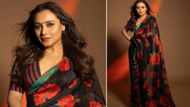 Rani Mukerji Stuns in Rs 12.5K Black Floral Print Saree, Effortlessly Blends Desi Elegance With Modern Glamour (View Pics)