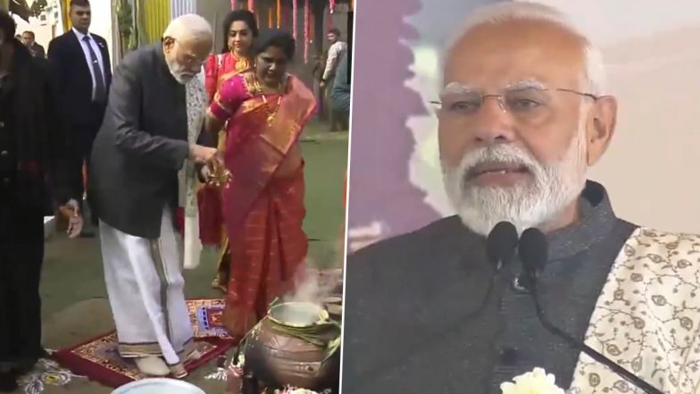 Pongal 2024: PM Narendra Modi Takes Part in Pongal Celebrations at Residence of MoS L Murugan in Delhi (Watch Video)