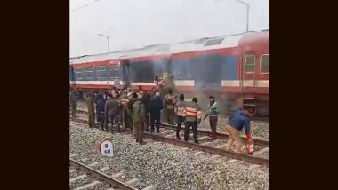 Jammu and Kashmir: Train Engine Catches Fire in Qazigund, No Casualty Reported (Watch Video)