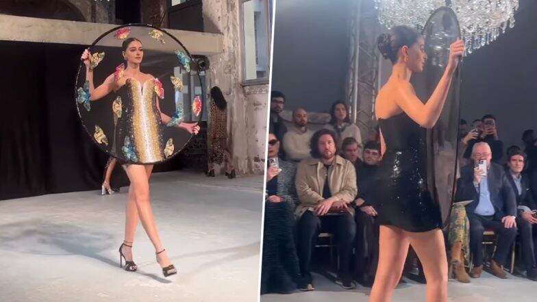 Ananya Panday Stuns in Chic Black Strapless Dress With Handcrafted Tiger Moth Sculpture at Paris Haute Couture Week Show (Watch Video)