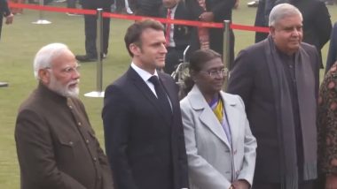 Republic Day 2024: French President Emmanuel Macron Attends At-Home Reception Hosted by President Droupadi Murmu at Rashtrapati Bhawan (Watch Video)