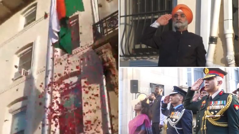 US: Indian Embassy Celebrates Republic Day 2024, Ambassador Taranjit Singh Sandhu Unfurls Tricolor in Washington (Watch Video)