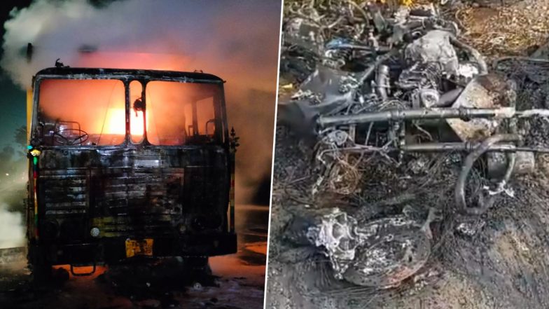 Hyderabad Road Accident: Two Dead After Speeding Lorry Truck Collides with Bike, Ignites Fire in Nagole Area (See Pics and Videos)