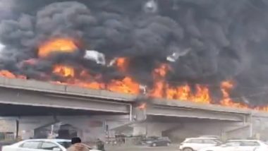 Ludhiana: Oil Tanker Catches Fire on National Highway in Khanna; Narrow Escape for Driver and Cleaner (Watch Video)
