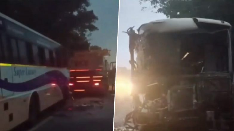 Andhra Pradesh Road Accident: One Dead, Several Injured as Speeding Bus Collides With Truck in Nellore (Watch Video)