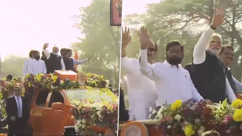 Maharashtra: PM Narendra Modi Holds Roadshow in Nashik Accompanied by CM Eknath Shinde and Deputy CMs (Watch Video)