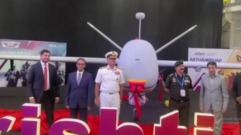 Indian Navy Unveils Adani Defence-Manufactured Drishti 10 Starliner Drones in Hyderabad (Watch Video)