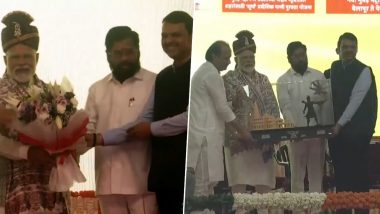 Maharashtra CM Eknath Shinde Felicitates PM Narendra Modi, Presents Him With Ram Mandir Model in Navi Mumbai Event (Watch Video)