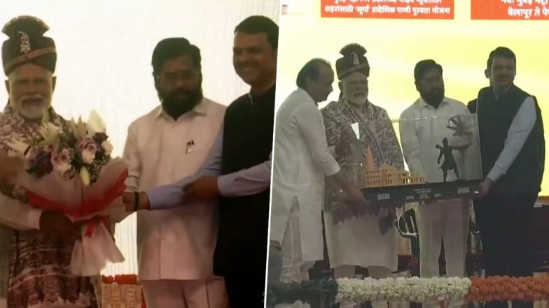 Maharashtra CM Eknath Shinde Felicitates PM Narendra Modi, Presents Him With Ram Mandir Model in Navi Mumbai Event (Watch Video)