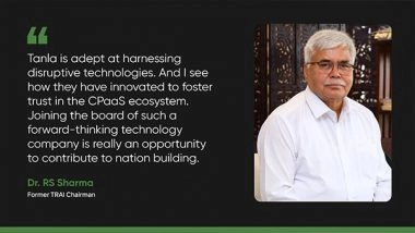 Business News | Tanla Appoints Dr. RS Sharma (former TRAI Chairman) to Its Board of Directors