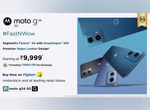 Business News | Moto G34 5G- the Segment's Fastest* 5G Phone Goes on Sale at Just Rs. 9,999# on Flipkart, Motorola.in and Leading Retail Stores