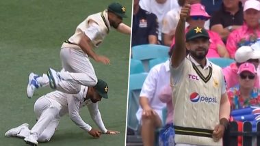 Pakistan Fielding Gaffe! Abdullah Shafique Makes Football-Like Tackle On Aamir Jamal While Trying to Stop Ball During AUS vs PAK 3rd Test, Latter Flashes 'Red Card' (Watch Videos)