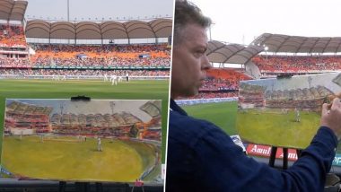 Artist in Stadium Creates Portrait of Live Action During India vs England 1st Test 2024 at Rajiv Gandhi International Stadium in Hyderabad, Video Goes Viral