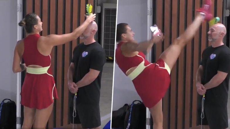 Aryna Sabalenka Shows Off Her Karate Skills! Tennis Star Places Object on Fitness Coach Jason Stacy’s Head and Kicks It Down, Video Goes Viral