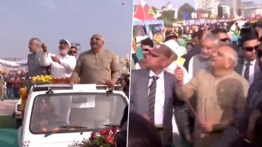 Gujarat CM Bhupendra Patel Flies Kite at International Kite Festival in Ahmedabad (Watch Video)