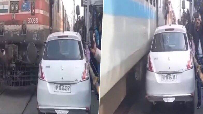 Train Misses Running Into a Car at Railway Crossing by a Whisker, This Viral Video Shows Vehicle Owner's Imprudence