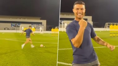 ‘Cris, Watch and Learn’ Cristiano Ronaldo Shows Son How To Take a Freekick During Training (Watch Video)
