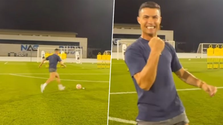 ‘Cris, Watch and Learn’ Cristiano Ronaldo Shows Son How To Take a Freekick During Training (Watch Video)